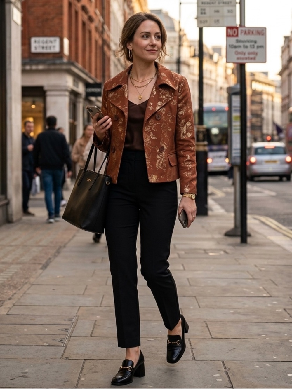 Elegant Floral Pea Coat in Brown and Gold